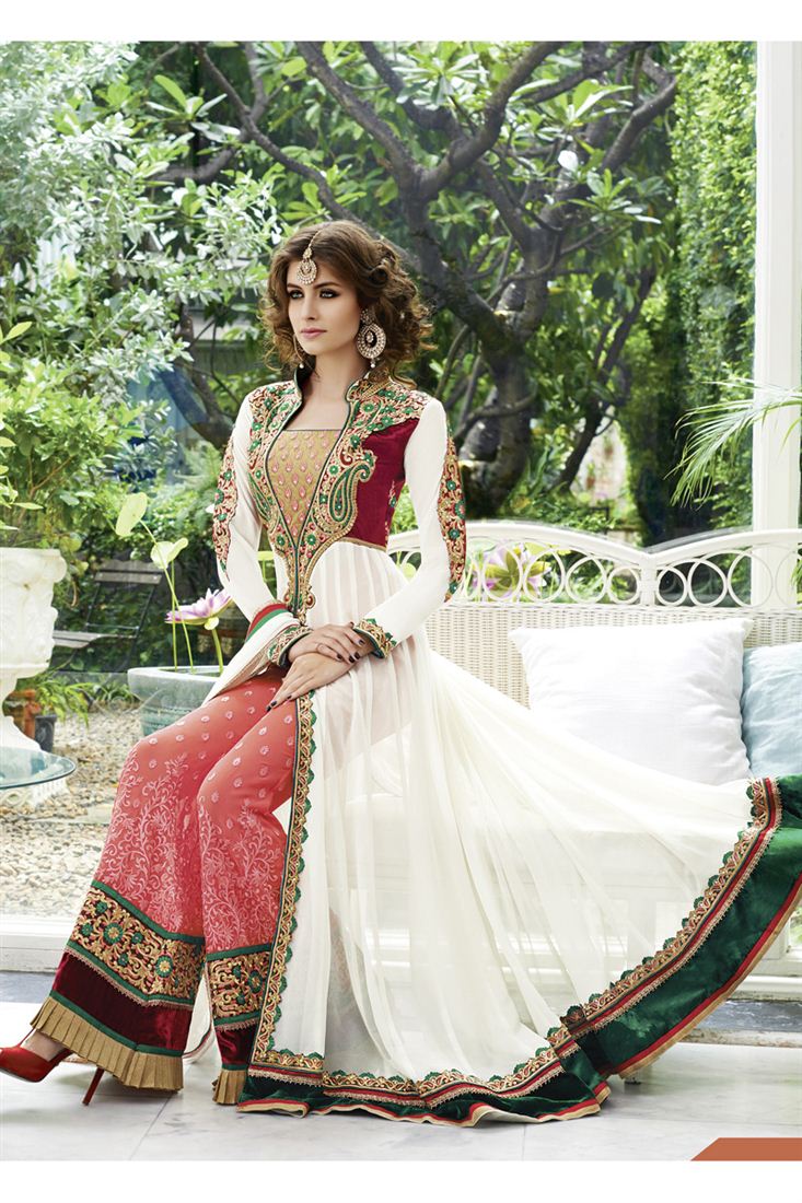 Ivory and red embroidered palazzo shalwar kameez