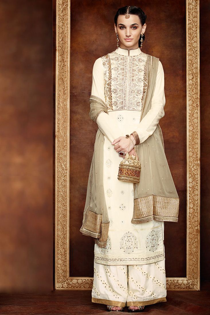 Ivory embroidered palazzo suit