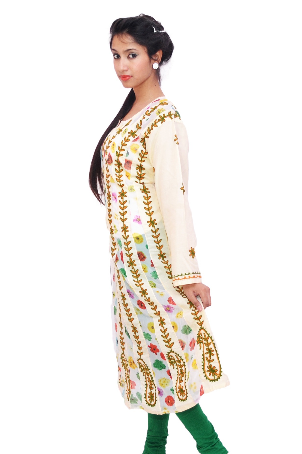 Ivory kurta with colourful embroidery